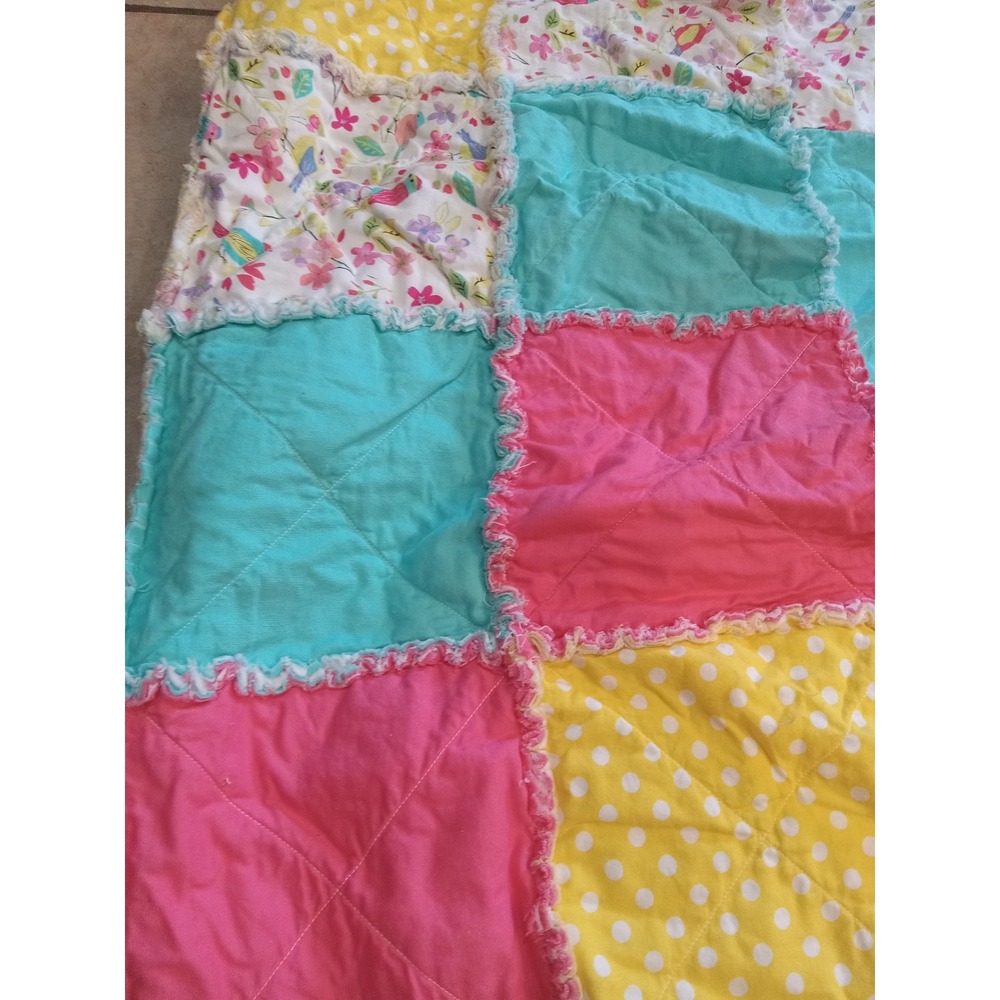 Handmade Patchwork Rag Quilt Pink Yellow Turquoise Bird Floral Polka Dot Throw - Picture 2 of 4